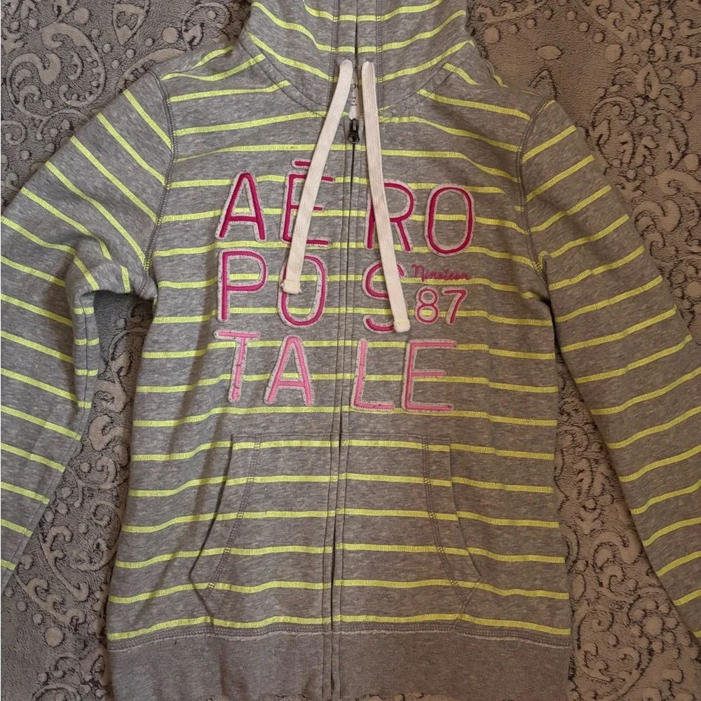 Aeropostale grey & lime green striped zip up jacket with pink accents Size L - Picture 2 of 4